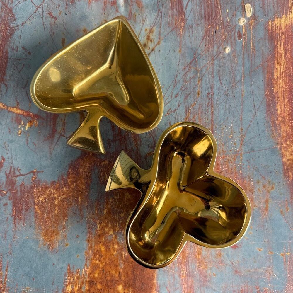 Brass Card Suit Trinket Dishes Set of 2 Spade & Club Poker Night Trays